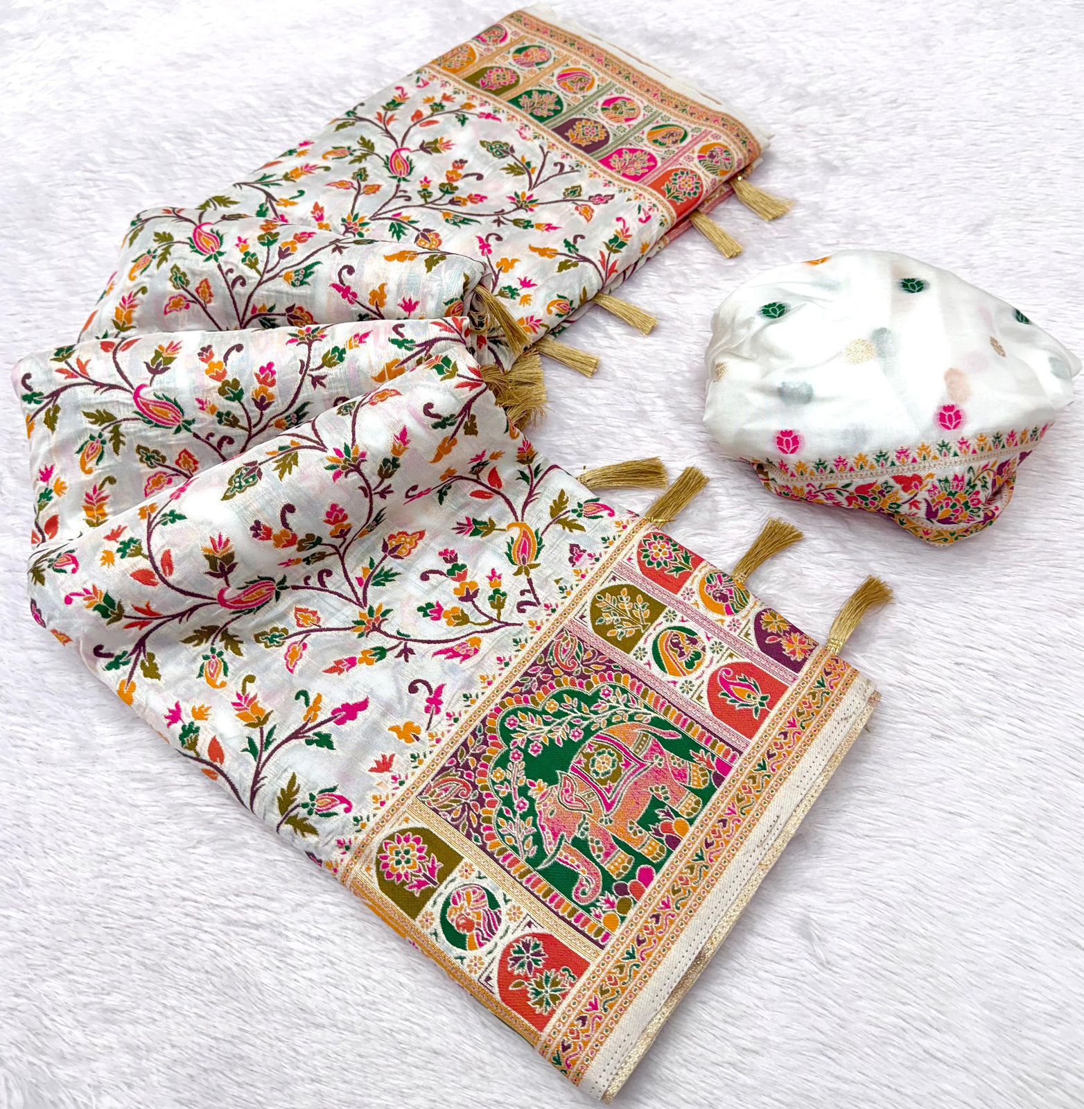Rajwadi Pashmina Silk Saree with Kashmiri Weaving & Zari Border